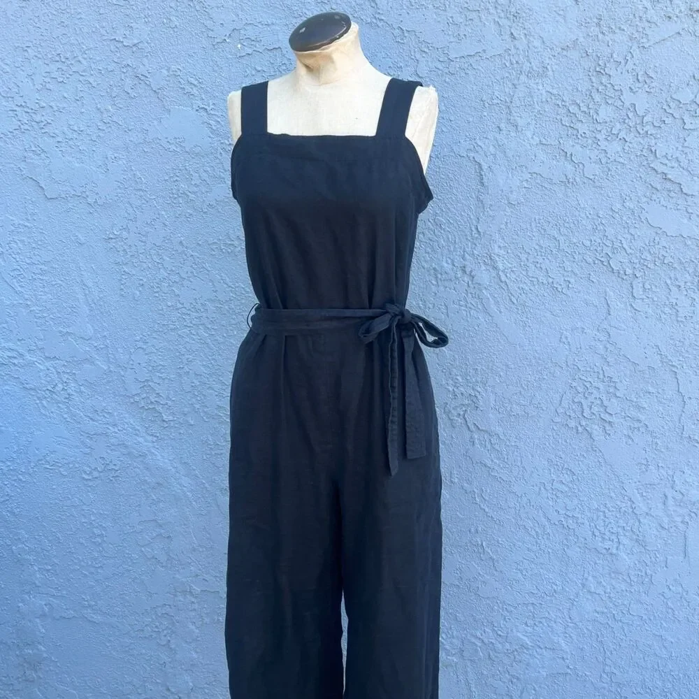 Quince Jumpsuit European Linen Square Neck Jumpsuit Size small Black romper